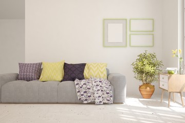 Stylish room in white color with sofa. Scandinavian interior design. 3D illustration
