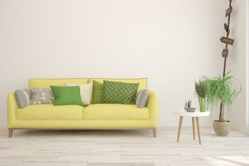 Stylish room in white color with yellow sofa. Scandinavian interior design. 3D illustration