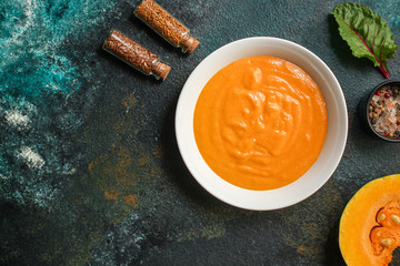 pumpkin soup (first course, delicious vegetable vitamin food) menu concept. food background. copy space. Top view