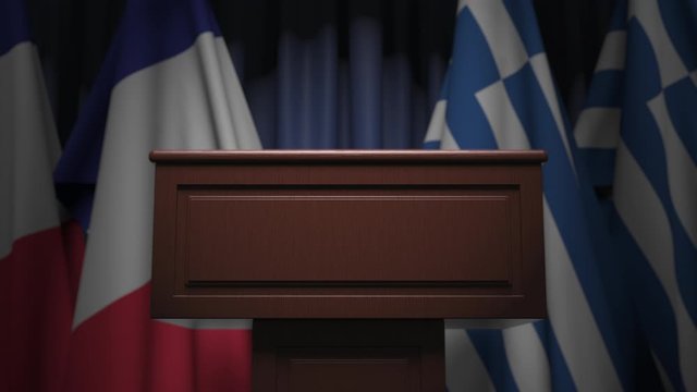 Flags of France and Greece and speaker podium tribune. Political event or negotiations related conceptual 3D animation