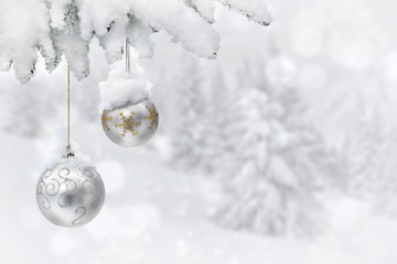 Sprig of christmas tree with of hanging silver christmas balls covered snow on background of winter...
