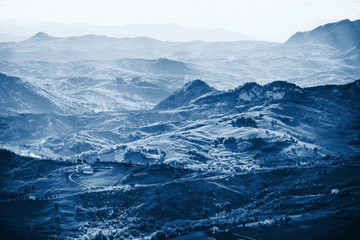 Outdoor Italian hills landscape blue toned