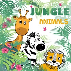 Cute safari cartoon animals flyer for kids party invitation card template. Cartoon design