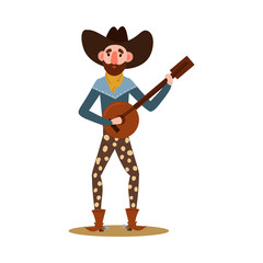 Funny American cowboy in a yellow bandana plays on the banjo. Vector illustration in flat cartoon style