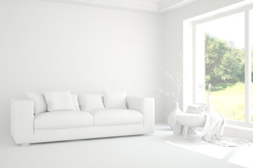 Mock up of stylish room in white color with sofa. Scandinavian interior design. 3D illustration