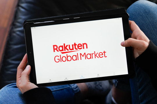 RAKUTEN sign logo on screen tablet store Japanese electronic commerce shop internet