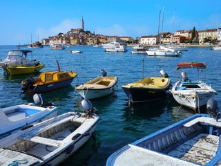 Obraz premium Old town architecture and Adriatic sea surrounds Venetian old town of Rovinj, Istria peninsula.