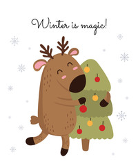 Creative postcard for Christmas and New Year with cute deer and winter slogan