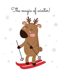 Creative postcard for Christmas and New Year with cute deer and winter slogan