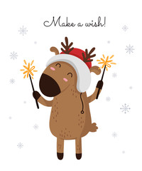Creative postcard for Christmas and New Year with cute deer and winter slogan