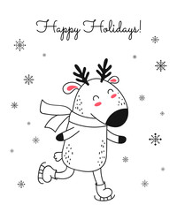 Creative postcard for Christmas and New Year with cute deer and winter slogan