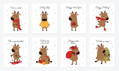 Vector collection of cards with hand drawing cute winter deer and slogan