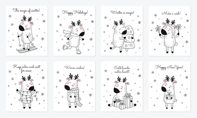 Vector collection of cards with hand drawing cute winter deer and slogan