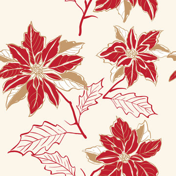 Seamless Colorful Hand Drawn Sketchy Red And Golden Poinsettia Flower Pattern