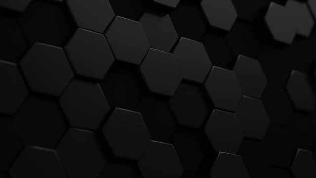 Abstract Hexagon Geometric Surface Loop 5 Black: dark minimal hexagonal grid pattern animation in deep charcoal black. Clean background with glossy black hexagon shapes. Space grey. Dramatic feel. 4K
