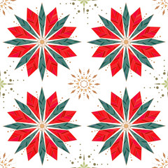 Seamless bold geometric red and green poinsettia flower vector pattern - obrazy, fototapety, plakaty