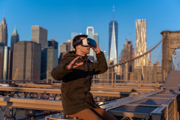 young man using VR in the city of New York