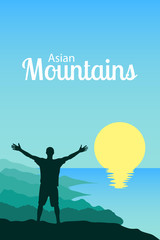Travel to Thailand and Asia. Vector illustration with a man on the background of mountain ranges, sun and sea harbors. A tourist on top of a hill with open arms. Trip to tropical countries concept.