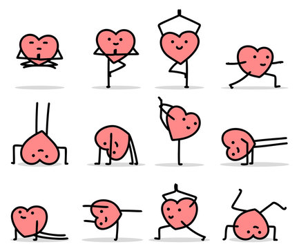 Cartoon heart characters doing yoga poses. To see the other vector heart character illustrations , please check Cartoon Heart Characters collection.
