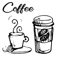 Vector illustration of black coffee mug and cup to go with lettering sketched