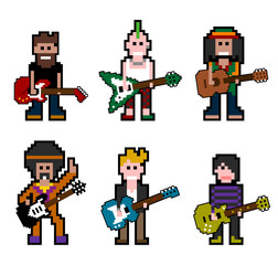 vector pixel musician characters with guitars