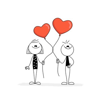 Doodle stick figure: Happy couple with balloons; in the shape of heart.