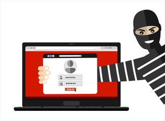 Obraz na płótnie Canvas Thief hacker in mask stealing passwords from laptop. anti phishing and internet viruses concept. Cartoon Vector Illustration.