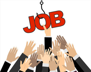 Obraz premium Job on a hook. Hands reaching out to get job on the fish hook. Deception, a trap on the hook. Illustration in flat style.