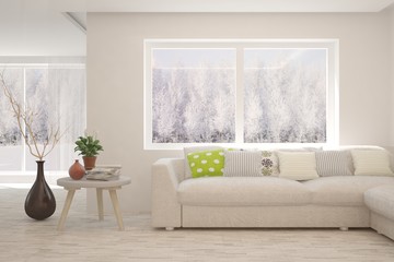 Stylish room in white color with sofa and winter landscape in window. Scandinavian interior design. 3D illustration