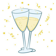Two champagne glass for New Year or Christmas celebration for design greeting card on white hand drawn, stock vector illustration