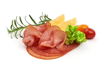 Sliced Smoked Ham sausage, isolated on white background