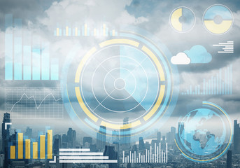Stock market charts and financial district