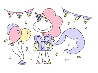 Cute unicorn party card design. Vector illustration. Unicorns with a gift in hand congratulation with happy birthday. 