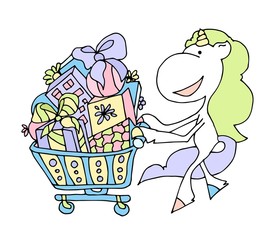 Cute fabulous unicorn isolated on a white background. Unicorns playing saxophone. Unicorns lucky trolley with gifts and shopping. New Year and Merry Christmas spirit.