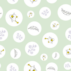 Duck in circles, running, doodles and feathers, seamless repeat vector, surface pattern desing
