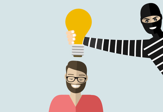 Thief Stolen Light Bulb Of Idea. Steal Idea Concept. Cartoon Vector Illustration.