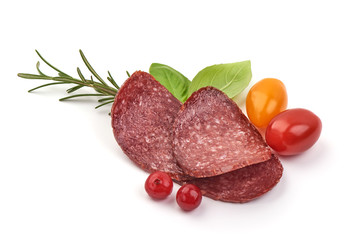 Smoked pork sausage slices, isolated on white background