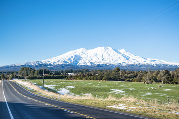 Mount Ruapehu covered in snow on a sunny day