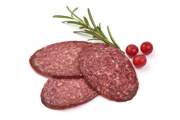 Dried pork sausage slices, isolated on white background