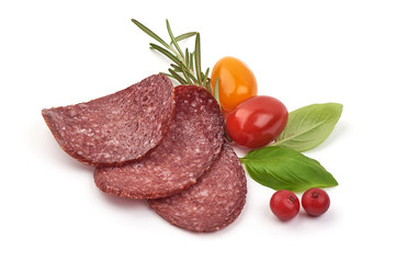 Smoked pork sausage slices, isolated on white background