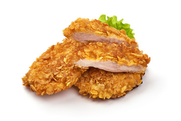 Fried Chicken strips in breadcrumbs, isolated on white background