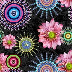 Fototapeta premium Pink flowers pattern with traditional geometric shapes on grey floral background. Seamless fashion design. - illustration