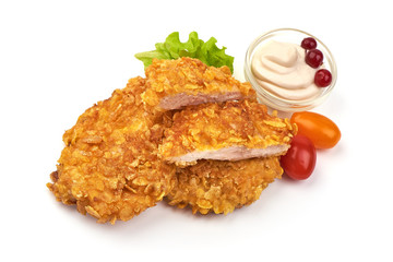 Crispy chicken fillet in breadcrumbs, isolated on white background