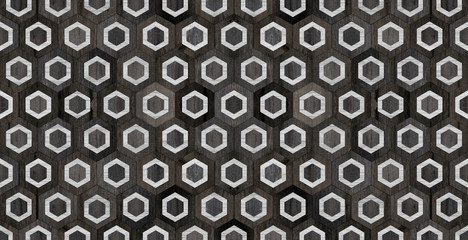 Fototapeta na wymiar Black and white wooden wall with hexagonal pattern. Wood texture for background.