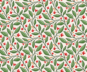 Garden floral vines and leaves seamless vector pattern, in red and green on light background
