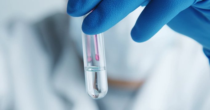 Medical worker of the laboratory carefully examines the serum in a glass tube and shakes it