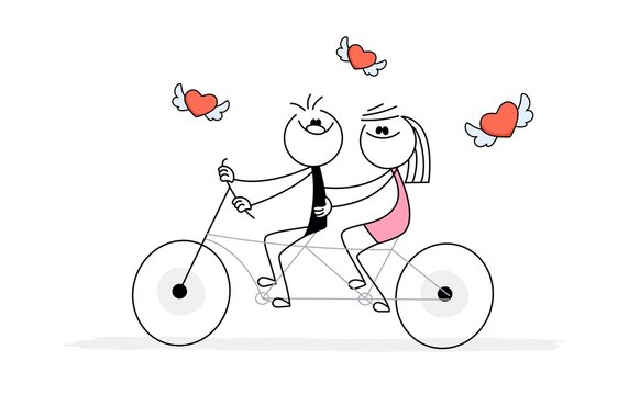Doodle stick figure: happy couple on a bike.