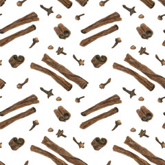 Dried cloves and cinnamon white seamless pattern