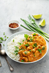 Chicken and cashew red curry with rice and herbs, thai inspired dish - obrazy, fototapety, plakaty