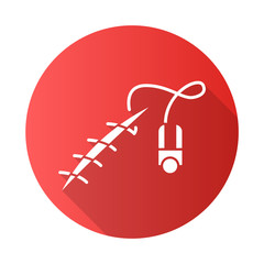 Stitching red flat design long shadow glyph icon. Suture device. Medical surgical procedure. Wound treatment. First aid. Health care. Help with open cut and gash. Vector silhouette illustration
